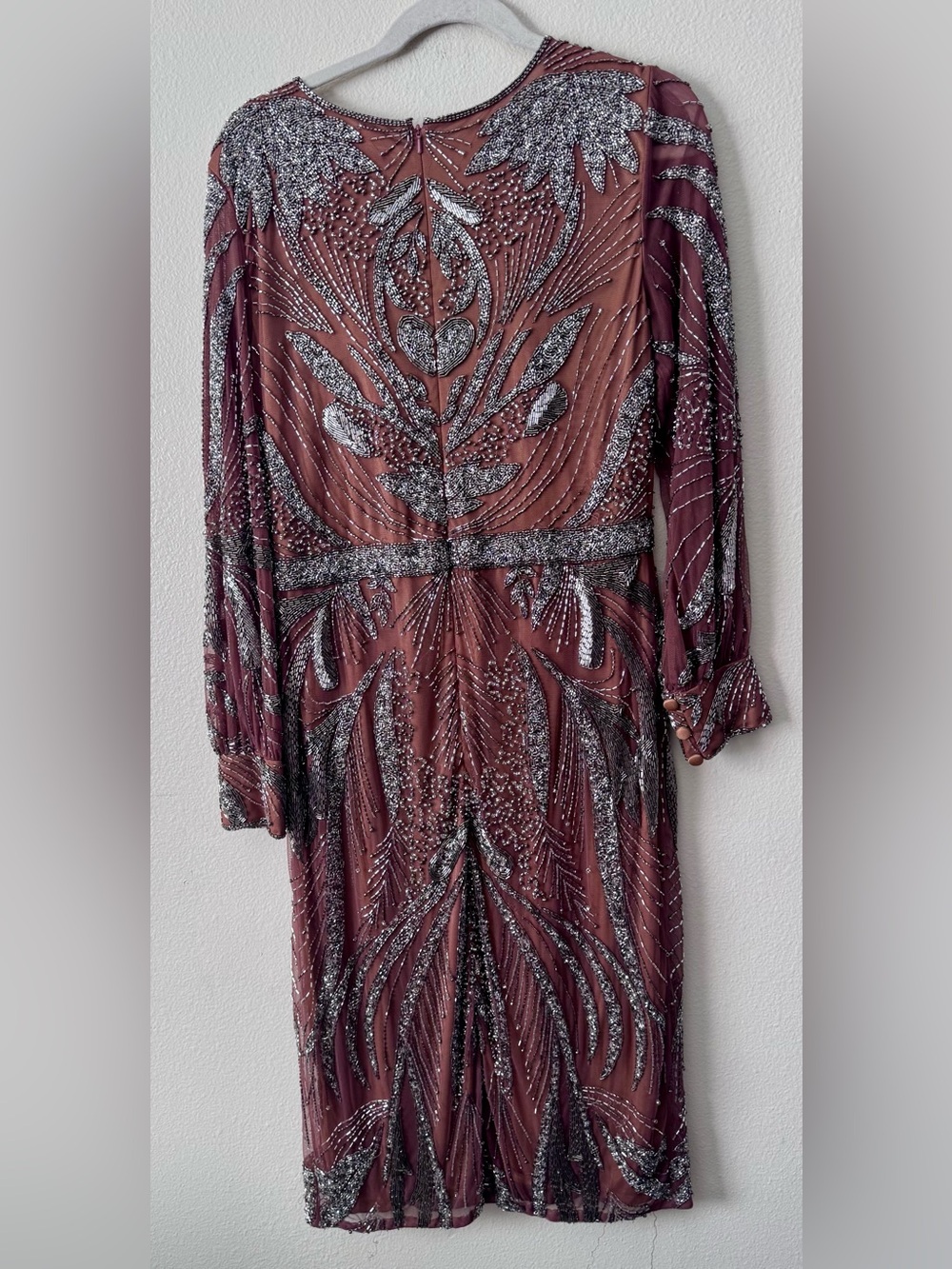 Mac Duggal Mauve Silver Beaded Long Sleeve Cocktail Dress Size 12 Flaws - Picture 9 of 10